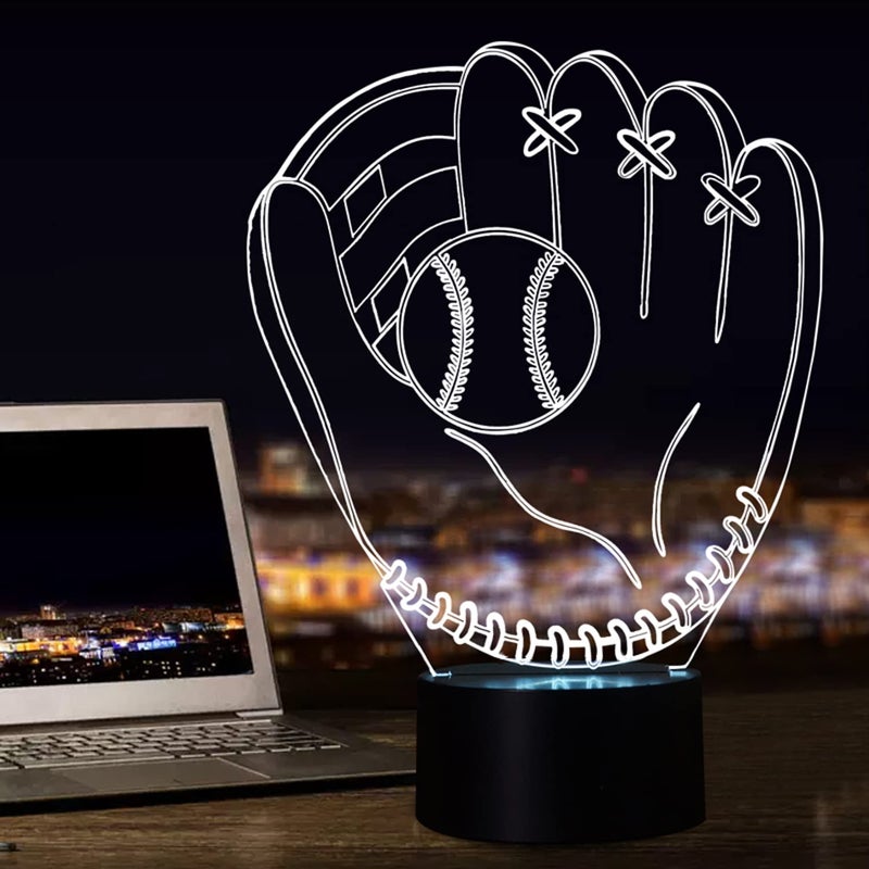 FULLOSUN Baseball Gifts for Kids, 3D Glove Night Lights Illusion Bedside Lamp 16 Colors Changing with Remote Control for Boy Christmas Thanksgiving Xmas - Image 1